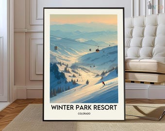 Winter Park Ski Resort Colorado Poster, Rocky Mountains Snow Ski Wall Art, Scenic Alpine Winter Landscape Illustration