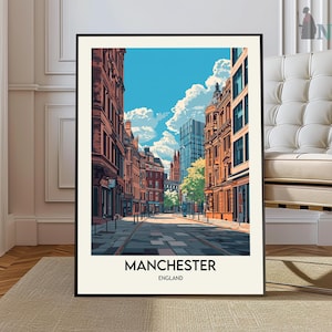 May include: A colorful illustration of a city street scene in Manchester, England. The image features tall buildings with red brick facades, a blue sky with white clouds, and a street lined with trees. The text "Manchester, England" is printed at the bottom of the image.
