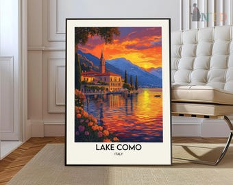 May include: A vintage travel poster featuring a picturesque sunset over Lake Como in Italy. The poster depicts a charming village with a church steeple and a colourful sky with clouds. The text "LAKE COMO" and "ITALY" is printed at the bottom of the poster.
