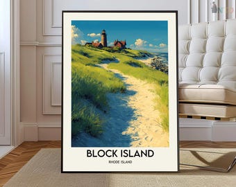 Póster de Block Island, arte mural de Rhode Island, decoración de la isla de Nueva Inglaterra, ilustración de viaje de EE. UU., regalo