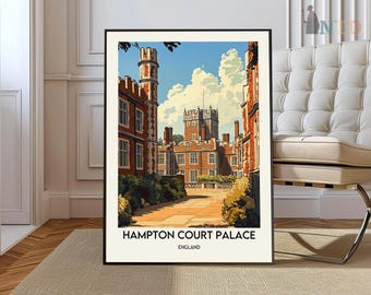 May include: A vintage travel poster featuring a colorful illustration of Hampton Court Palace in England. The poster has a black frame and the text "Hampton Court Palace" and "England" in white.