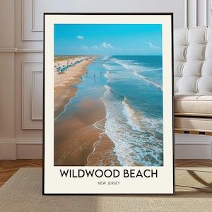May include: A framed print depicting a coastal scene. The image shows a sandy beach with ocean waves, blue parasols, and figures. The sky is a clear blue. The text "Wildwood Beach, New Jersey" is at the bottom of the print.