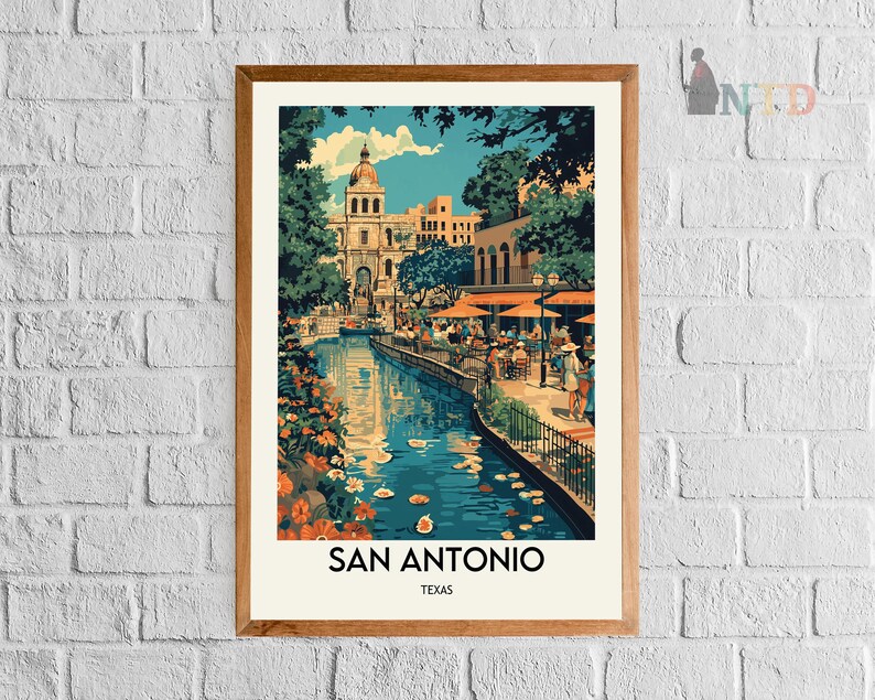 May include: A vintage travel poster featuring a colorful illustration of San Antonio, Texas. The poster depicts a river with boats, a building with a tower, and people walking along the riverbank. The text "SAN ANTONIO, TEXAS" is printed at the bottom of the poster.