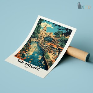 May include: A vintage travel poster featuring a colorful illustration of the River Walk in San Antonio, Texas. The poster has a blue, green, and orange color scheme and features a river with buildings and trees on either side.