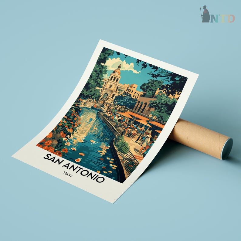 May include: A vintage travel poster featuring a colorful illustration of the River Walk in San Antonio, Texas. The poster has a blue, green, and orange color scheme and features a river with buildings and trees on either side.