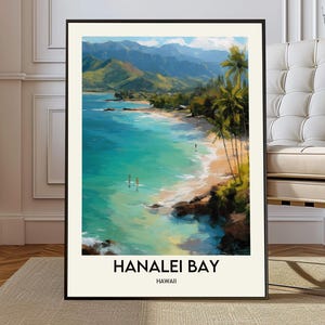 Hanalei Bay Hawaii Poster Print, Kauai North Shore Beach & Mountain Wall Art, Scenic Tropical Map Decor, Travel Illustration Gift