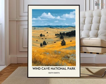 Plakat z Parkiem Narodowym Wind Cave, Ścienna grafika Black Hills Prairie & Cave System, Dekoracja mapy malowniczej Dakoty Południowej, Prezent na podróż do natury