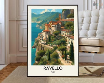Ravello Italy Poster Print, Amalfi Coast Hilltop Village Wall Art, Coastal Map Decor, Mediterranean Travel Illustration Gift, Amalfi Coast