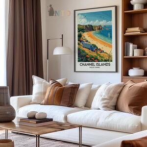 May include: A vintage travel poster featuring a colorful illustration of a beach scene with blue water, white sand, and colorful beach huts. The poster has the text "CHANNEL ISLANDS ENGLISH CHANNEL" at the bottom.