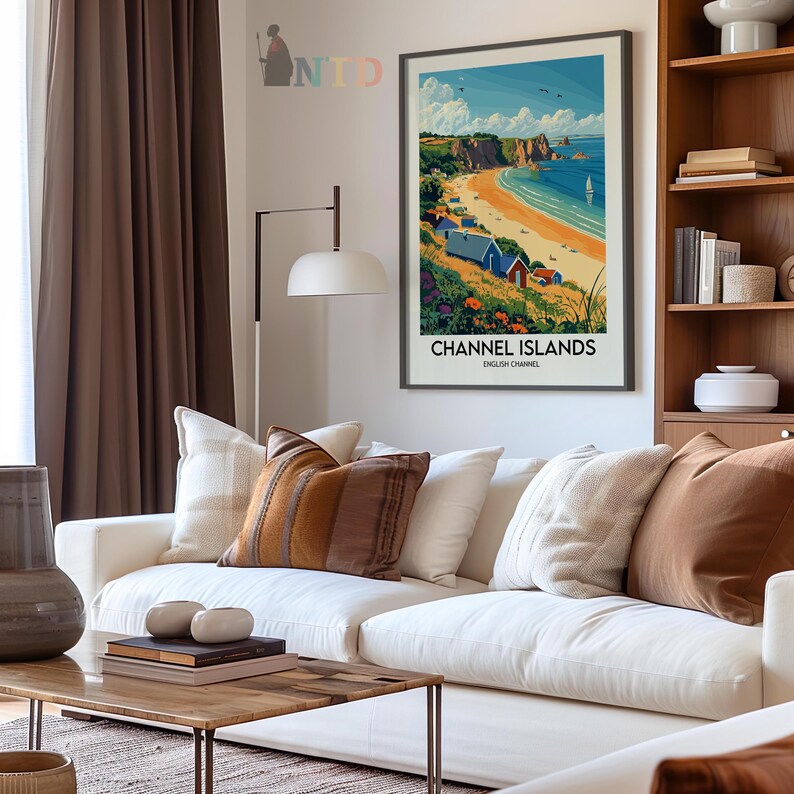 May include: A vintage travel poster featuring a colorful illustration of a beach scene with blue water, white sand, and colorful beach huts. The poster has the text "CHANNEL ISLANDS ENGLISH CHANNEL" at the bottom.