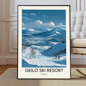 Geilo Ski Resort Norway Poster, Hallingdal Alpine Winter Ski Wall Art, Scenic Norwegian Mountain Landscape Illustration