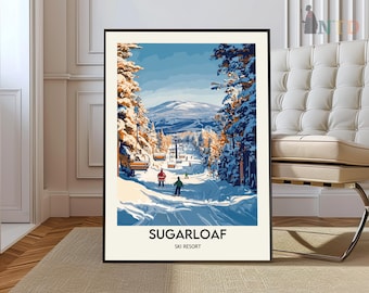 Póster de la estación de esquí Sugarloaf: Impresión artística de las montañas de Maine