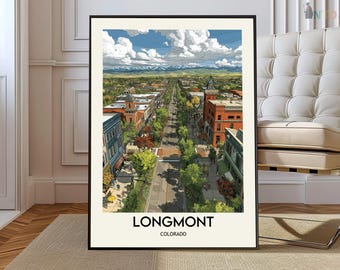 Longmont Colorado Poster-Druck, Boulder County Wandkunst, Front Range St. Vrain River Community Dekor, USA Reiseillustration Geschenk