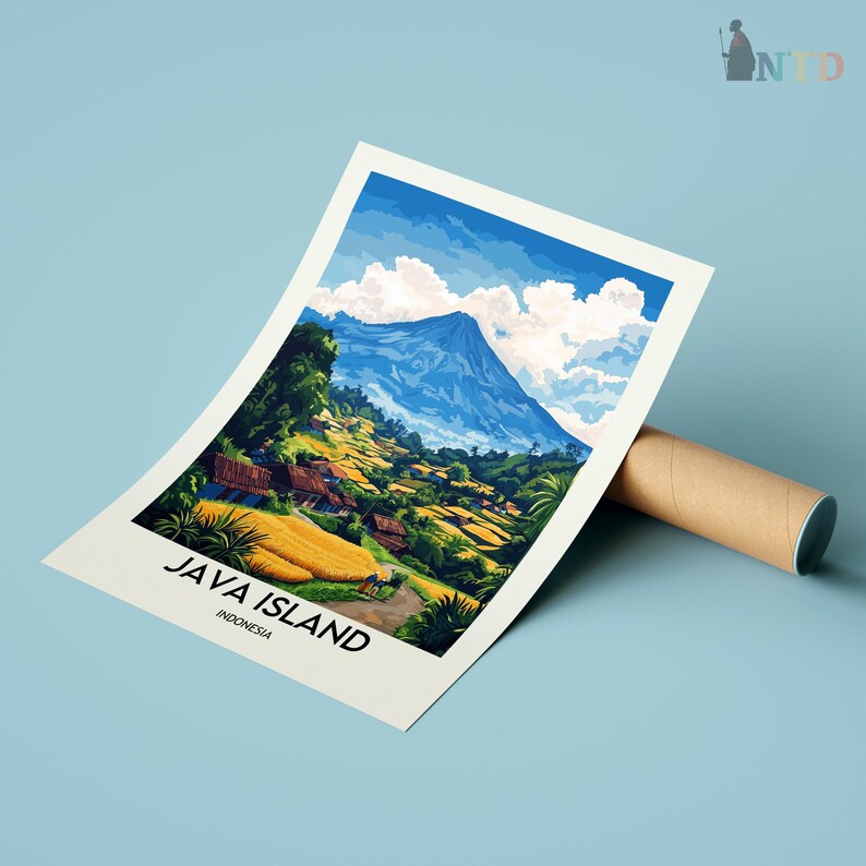 May include: A poster print of Java Island, Indonesia, featuring a mountain landscape with terraced fields and traditional houses. The artwork is in a vintage travel poster style, with the text "JAVA ISLAND" and "INDONESIA" at the bottom. The poster is rolled up in a brown cardboard tube.