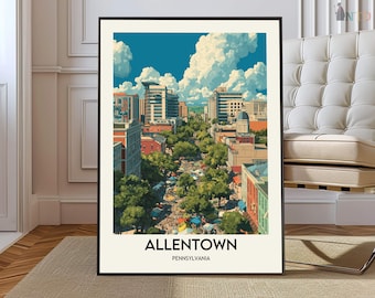 May include: A framed art print featuring a stylized illustration of Allentown, Pennsylvania. The artwork depicts a city street lined with trees, buildings, and people, under a bright blue sky with fluffy white clouds. The word "ALLENTOWN" is printed at the bottom.