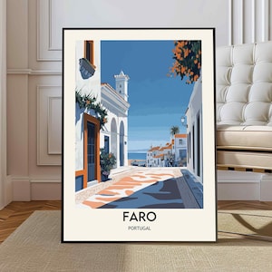 May include: A colorful illustration of a street scene in Faro, Portugal. The image features white buildings with orange accents, a blue sky, and a cobblestone street.