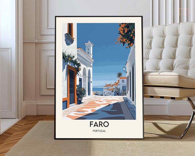 May include: A colorful illustration of a street scene in Faro, Portugal. The image features white buildings with orange accents, a blue sky, and a cobblestone street.
