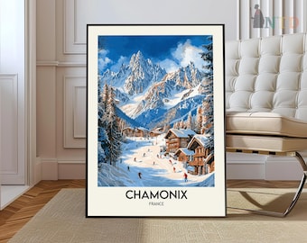 May include: A framed print depicting a winter mountain scene with a village in the foreground. The print features a blue sky, snow-capped mountains, and a small village with houses and trees. The print is titled "Chamonix, France".