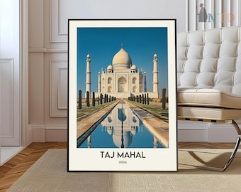 May include: A framed print of the Taj Mahal, a white marble mausoleum in Agra, India. The image shows the iconic building with its intricate details and a reflecting pool in the foreground. The text "TAJ MAHAL" and "INDIA" is printed below the image.
