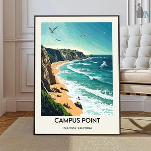 May include: A vintage-style illustration of Campus Point in Isla Vista, California. The image features a scenic coastline with a sandy beach, turquoise water, and a cliffside with lush greenery. Seagulls fly overhead, adding to the coastal ambiance. The text "Campus Point" and "Isla Vista | California" is displayed at the bottom of the image.