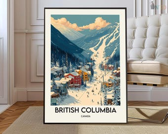 Póster de la Columbia Británica, Canadá; Arte mural de paisaje montañoso de la costa del Pacífico; Ilustración de la naturaleza escénica de la costa oeste.