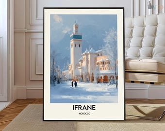 Ifrane Marokko-posterafdruk | Muurkunst Atlasgebergte | Decor stadskaart Midden-Atlas | Zwitsers Marokko reiscadeau cadeau