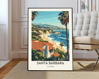 May include: A vintage-style poster with a colorful illustration of a beach scene in Santa Barbara, California. The poster features a view of the ocean, a sandy beach, palm trees, and a house with a red tile roof. The text "Santa Barbara, California" is printed at the bottom of the poster.