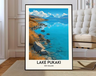 Lake Pukaki poster print Nieuw-Zeeland muur kunst Glacier Lake decor Nieuw-Zeeland reizen illustratie cadeau