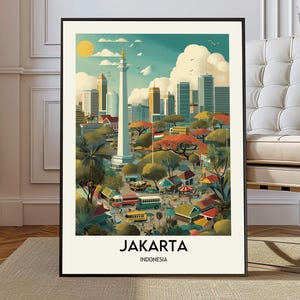 May include: A framed art print depicting Jakarta, Indonesia, in a vintage travel poster style. The artwork shows a cityscape with a white monument, skyscrapers, and trees. The city and country name are at the bottom of the print.