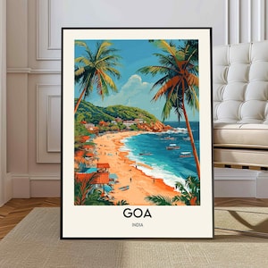 May include: A framed art print depicting a vibrant beach scene in Goa, India. The artwork showcases a sandy beach, turquoise water, palm trees, and small boats. The word "GOA" is printed at the bottom, with "INDIA" below it.