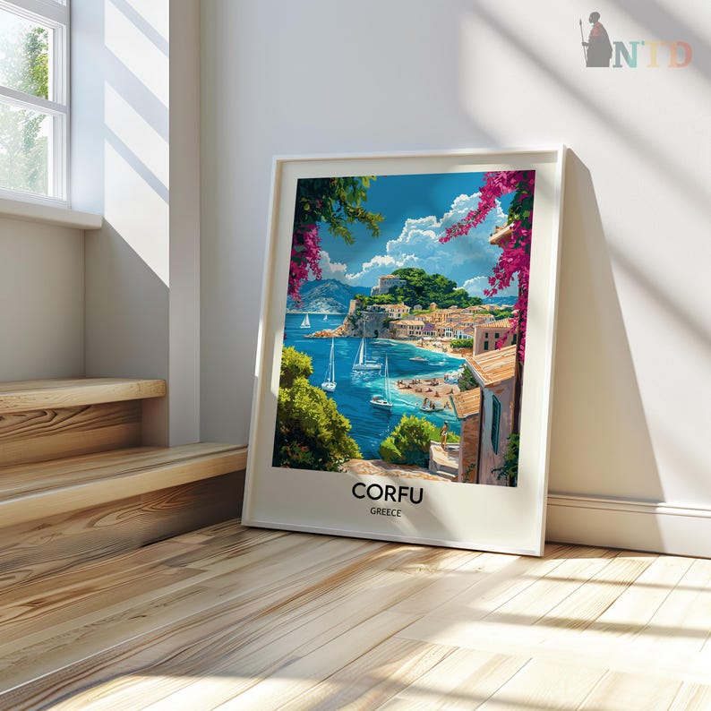 May include: A colorful illustration of a coastal town in Corfu, Greece. The image features a blue bay with sailboats, a town with colorful buildings, and lush green trees. The text "CORFU GREECE" is at the bottom of the image.