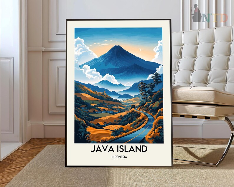 May include: A poster with a blue and green illustration of a mountain range and a winding road. The text "JAVA ISLAND" and "INDONESIA" is at the bottom of the poster.