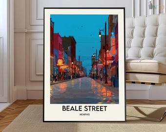 Beale Street Memphis Poster, Blues Music Historic Street Wall Art, Neon Nightlife Cityscape Illustration