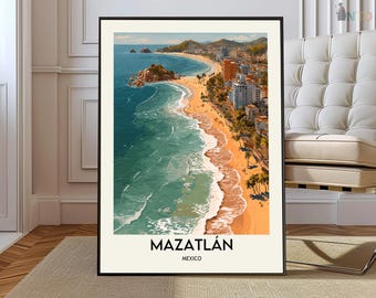 Mazatlán Mexico Poster, Pacific Coast Beach City Wall Art, Scenic Coastal Sunset Landscape Illustration