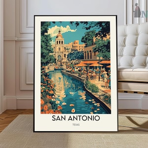 May include: A vintage-style illustration of the San Antonio River Walk in San Antonio, Texas. The image features a river with a bridge, buildings, trees, and people walking along the riverbank. The text "San Antonio, Texas" is printed at the bottom of the image.
