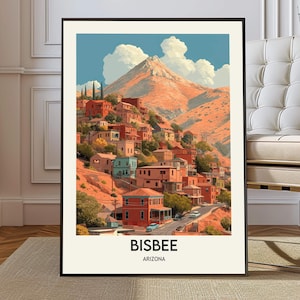 Póster de Bisbee, Arizona. Arte mural del condado de Cochise. Decoración de pueblo minero histórico de EE. UU. Ilustración de viaje. Regalo ideal.