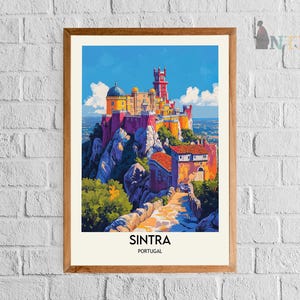 May include: A colorful illustration of Pena National Palace in Sintra, Portugal. The palace is perched on a hilltop with lush green trees and a winding path leading up to it. The text "SINTRA PORTUGAL" is printed below the image.
