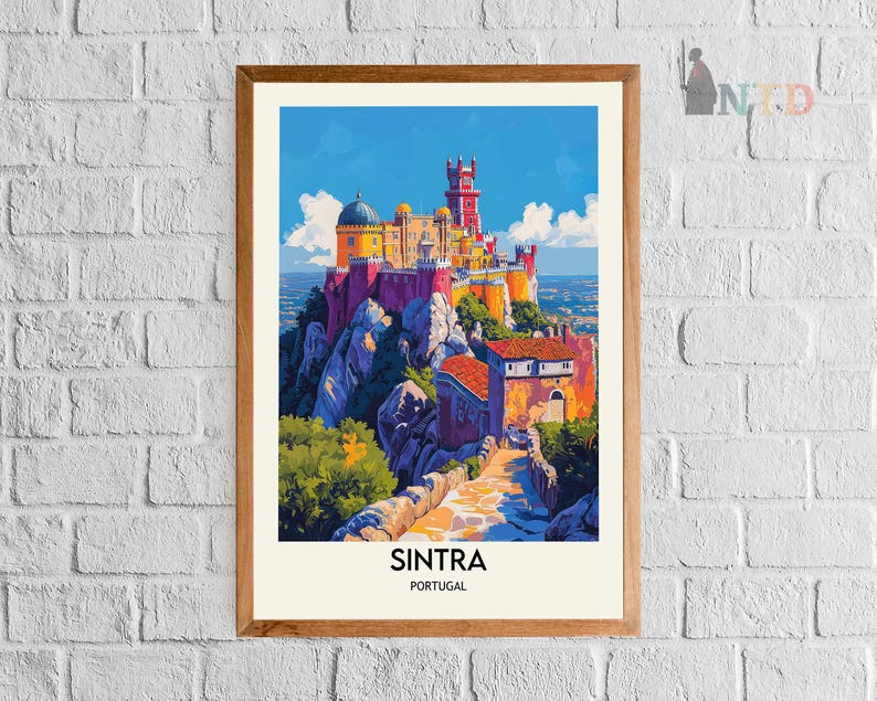 May include: A colorful illustration of Pena National Palace in Sintra, Portugal. The palace is perched on a hilltop with lush green trees and a winding path leading up to it. The text "SINTRA PORTUGAL" is printed below the image.