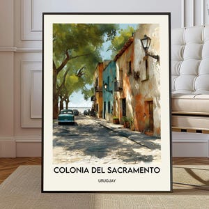Colonia del Sacramento Uruguay affischtryck, UNESCO Gamla stan väggkonst, naturskön karta dekor, reseillustration gåva, Montevideo tryck
