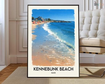 Kennebunk Beach Maine poster print, Kennebunkport kunst aan de muur, kustkaart decor, New England reizen illustratie cadeau, New England Maine