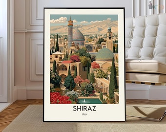 May include: A framed art print featuring a detailed illustration of Shiraz, Iran. The artwork showcases a cityscape with mosques, minarets, and lush gardens. The word "SHIRAZ" and "IRAN" are printed at the bottom.