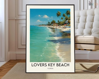 Lovers Key Beach Florida affischtryck, Fort Myers kustnära väggkonst, Gulf Coast karta dekor, strandresor illustration gåva