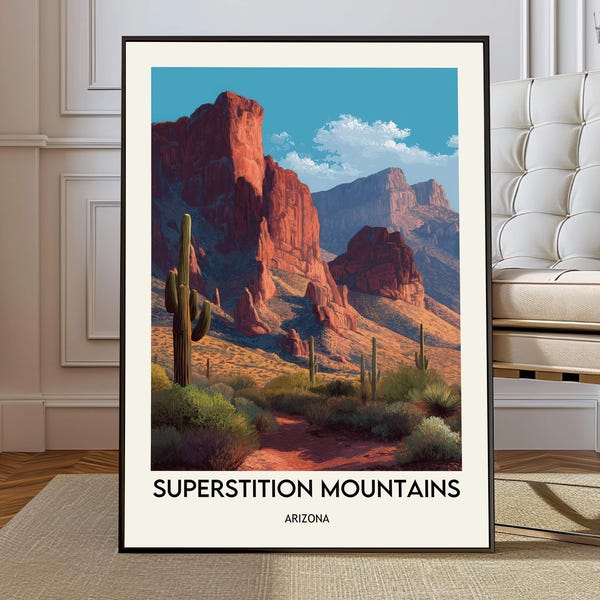 Superstition Mountains Arizona Poster, Dramatic Desert Mountain Wall Art, Iconic Southwest Landscape Illustration