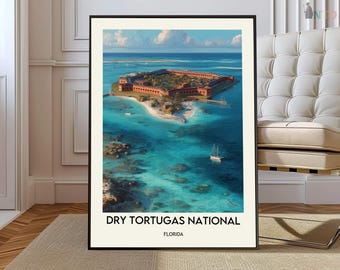 Dry Tortugas National Park Florida Poster, Fort Jefferson Island Wall Art, Scenic Tropical Ocean Landscape Illustration
