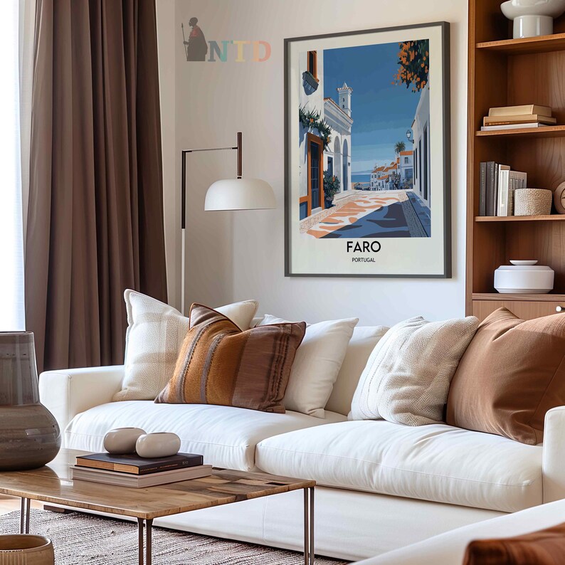 May include: A framed poster with a colorful illustration of a street scene in Faro, Portugal. The poster has the text "Faro, Portugal" at the bottom.