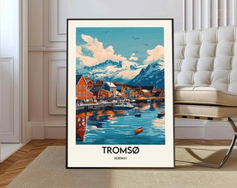May include: A framed art print featuring a coastal scene of Tromsø, Norway. The artwork depicts colorful buildings along a harbor, boats, and snow-capped mountains under a blue sky with clouds. The word "TROMSØ" is printed at the bottom.
