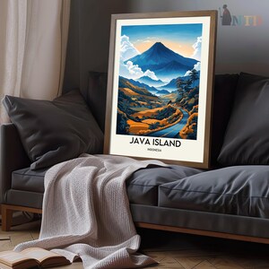 May include: A vintage travel poster with a blue and green illustration of a mountain range and a winding road. The text "Java Island, Indonesia" is at the bottom of the poster.