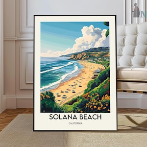 May include: A vintage-style poster featuring a scenic view of Solana Beach, California. The poster depicts a sandy beach with turquoise water, palm trees, and a lush green hillside. The text "Solana Beach, California" is printed at the bottom of the poster.