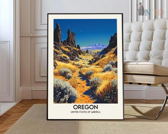 May include: A vintage travel poster featuring a scenic landscape of rocky hills and a winding path leading to a mountain range in the distance. The poster is titled "Oregon, United States of America".