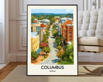 Póster impreso de Columbus, Georgia; Arte mural del paseo fluvial del río Chattahoochee; Mapa decorativo de una ciudad del sur; Río Chattahoochee; Mapa del oeste de Columbus, Georgia